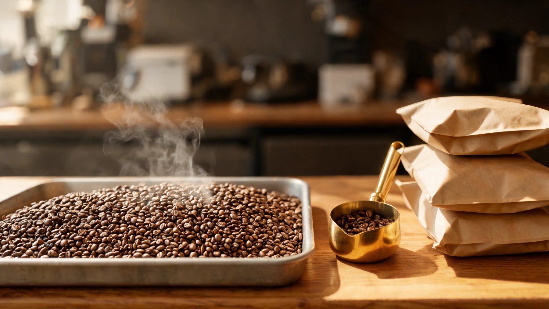 Roastery bench with a cooling tray of fresh beans and stacked kraft bags